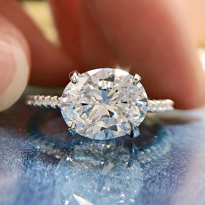 Silver Oval Clear CZ Solitaire Pavé Shank Band Ring