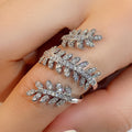 White Metal Wheat Leaf Open Adjustable Pave Zircon Ring view 4