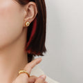 Gold Half-Sphere Dome Stud Earrings With Chain Detail view 3