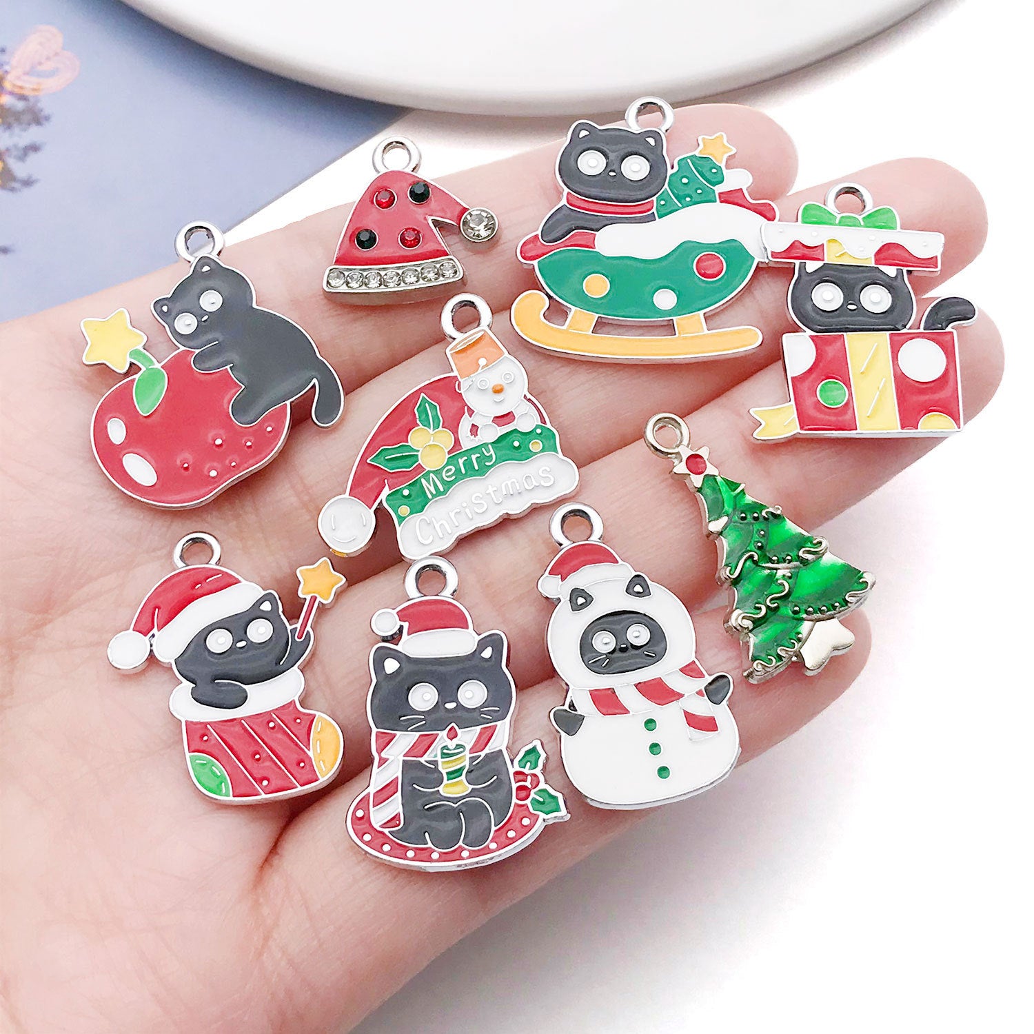 White K Zinc Alloy Santa Claus Reindeer Enamel Charm Pendants for DIY Christmas Jewelry