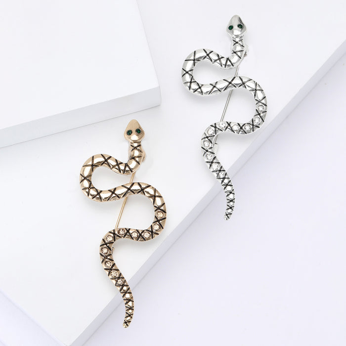 Crosshatch Snake Brooch Green Eyes Gold and Silver Tone