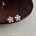 Gold Pearl Flower Stud Earrings Clear Center CZ Stone view 3
