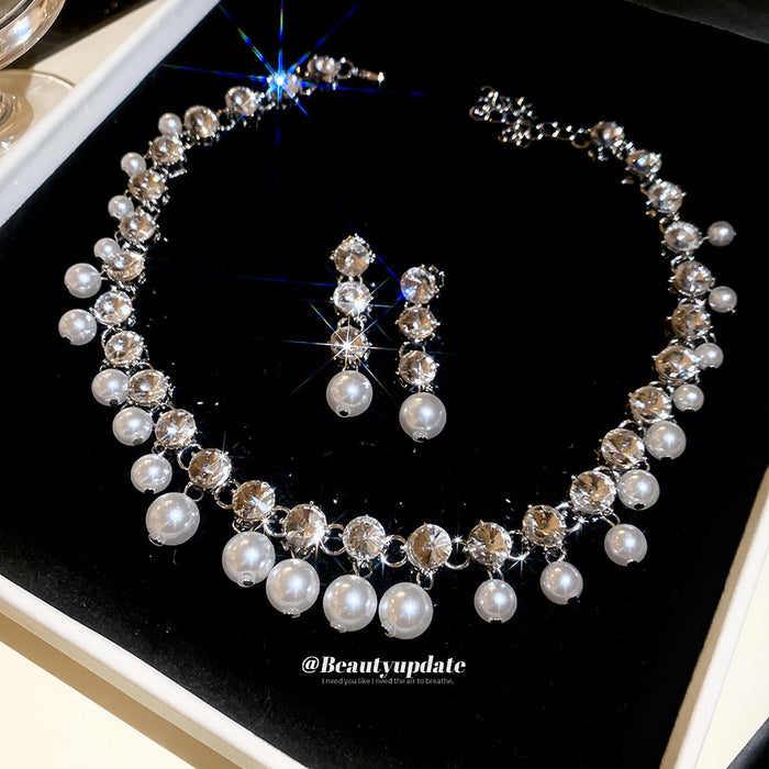Silver Crystal Bead Pearl Necklace and Drop Earrings
