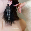 Black Rhinestone Chain Tassel Feather Clip Earrings view 3