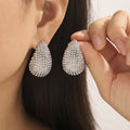 Teardrop Stud Earrings Pave Crystal Pearl Gold Steel Metal view 3