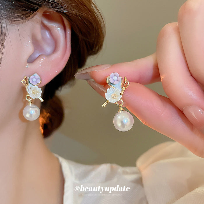 Pastel Flower Stud Earrings with Large White Pearl Drops
