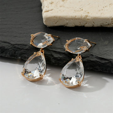 Gold Tone Double Clear Faceted Teardrop Crystal Drop Earrings