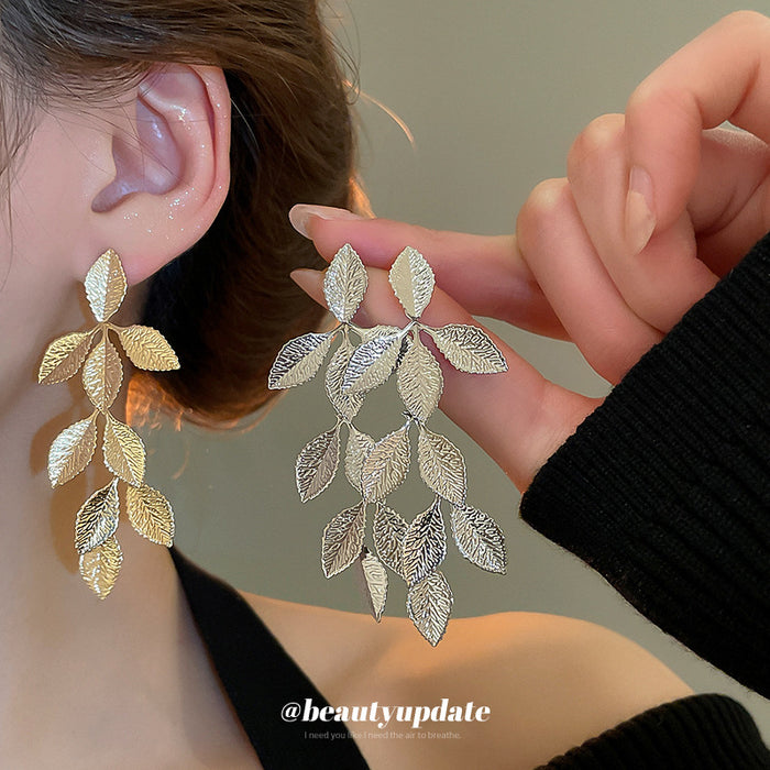 Textured Leaf Branch Drop Earrings in Gold and Silver Tones