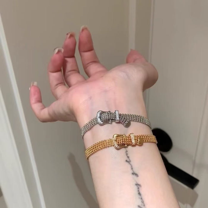 Silver Tone Mesh Strap Bracelet With Small Square Buckle And Unlisted Gold