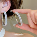 Silver Tone Pearl Hoop Earrings with Clear Crystal Rows view 1