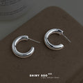 Silver Tone Thick Smooth Hollow Hoop Stud Earrings Pair view 4
