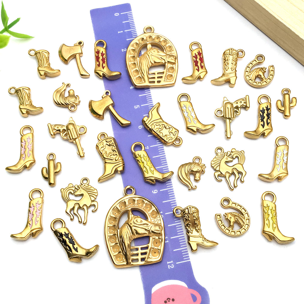 Enamel Stainless Steel Cowboy Hat Boot Cactus Gun Charm Pendant for DIY Necklace Jewelry