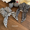 Black White Stripe Bow Scrunchie Pearl Rhinestone Accent view 3