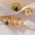 Gold Open Pave Ring Square Glass Stone Purple Pink Green Clear view 2