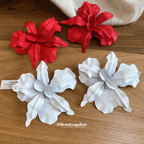 Layered Fabric Flower Statement Earrings in Red and White arranged to show the overall design