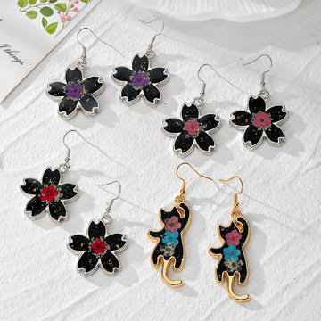 Black Cherry Blossom Resin Drop Earrings Cat Style 4 Options
