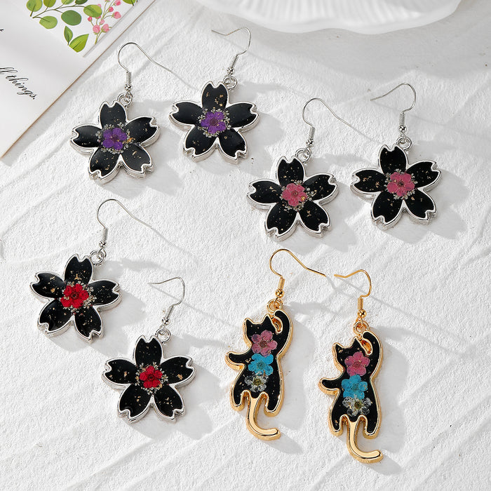 Black Cherry Blossom Resin Drop Earrings Cat Style 4 Options