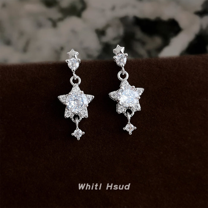 Silver Tone Clear Stone Triple Star Tassel Stud Earrings