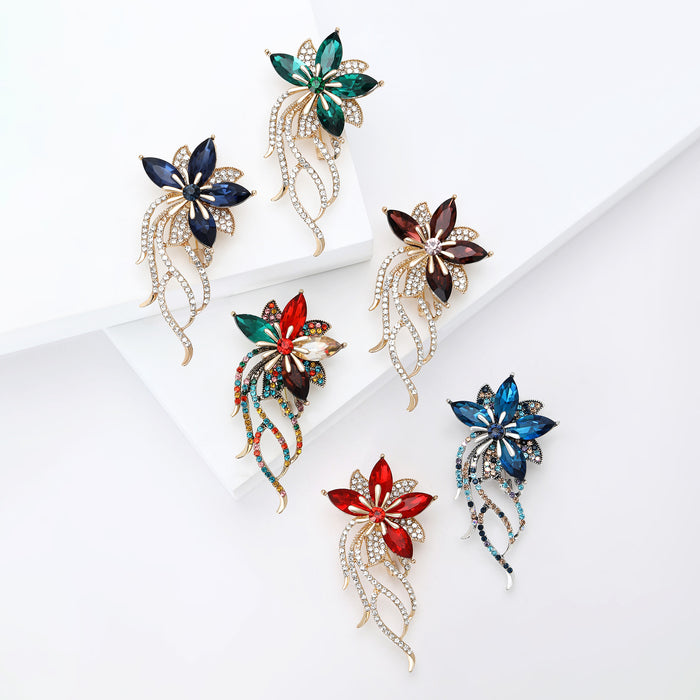 Large Crystal Flower Brooch With Long Ribbon Trails in Six Colors