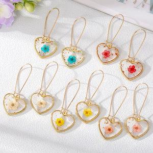 Pressed Flower Resin Heart Drop Earrings on Long Gold-Tone Hooks