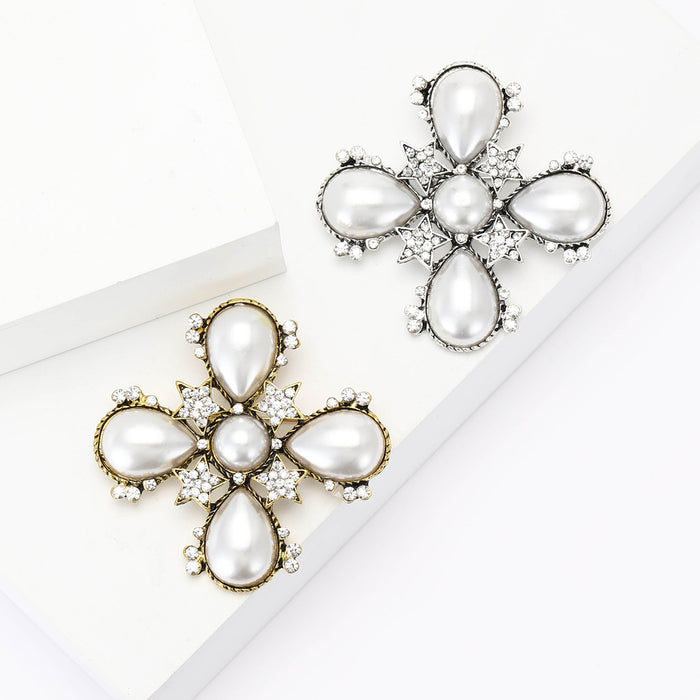Baroque Pearl Cross Brooch Star Accents Gold Silver