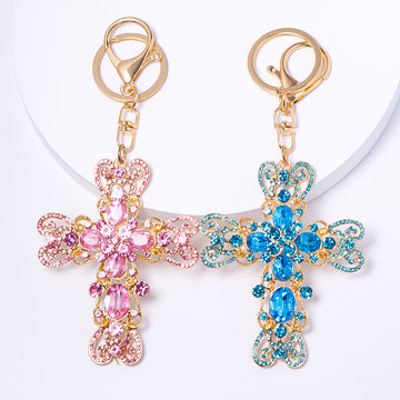 Rhinestone Filigree Cross Keychain Gold Tone Crystal Charm
