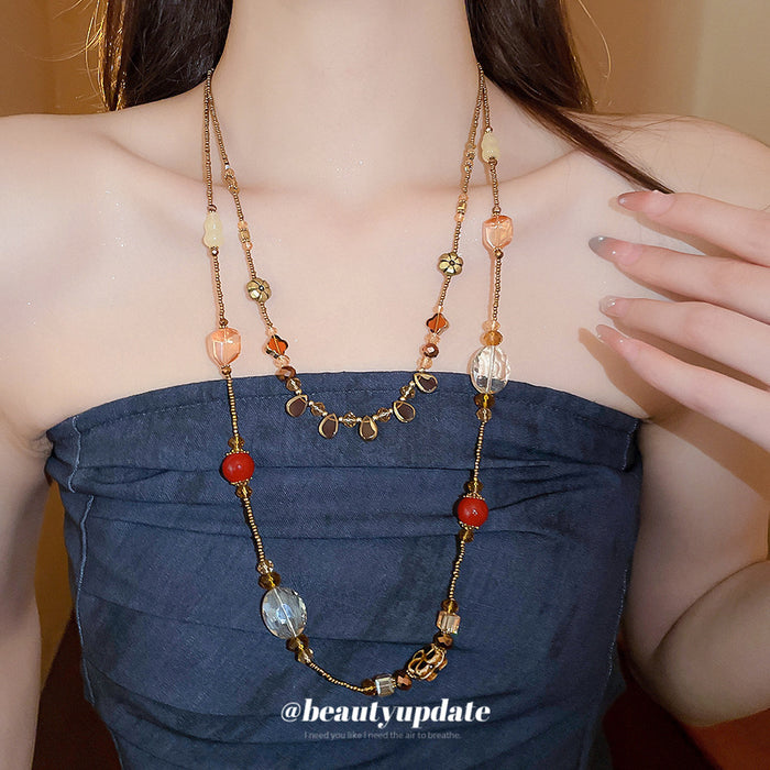 Layered Amber Red Bead Long Necklace 2 Gold Styles