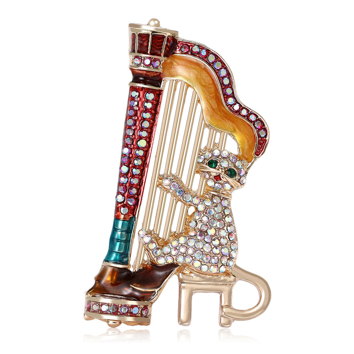 Cat Playing Harp Brooch Rhinestone Enamel Gold Tone Two Colors