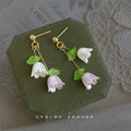 Gold Lily of the Valley Pink White Flower Drop Earrings view 6