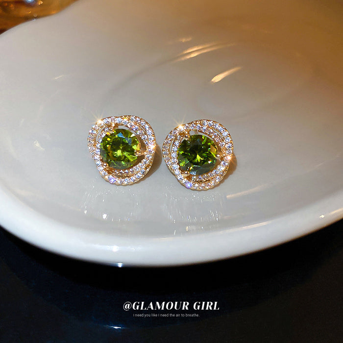 Green Crystal Halo Flower Stud Earrings Fashion Jewelry