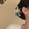 White Pearl Beaded Bow Duckbill Hair Clip Silver Ornate Top view 3