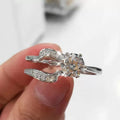 Round Crystal Interlocking Three Band Ring Set in Silver Tone view 2