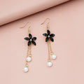 Black Flower Pearl Look Extra Long Gold Hook Earrings view 3