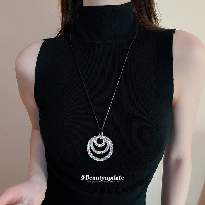 Black Cord Triple Circle Rhinestone Pendant Long Necklace