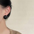 Black Enamel Round Rose Motif Stud Earrings Gold Trim view 2