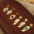 Gold Geometric Drop Earrings Watch Face Shell Crystal Stripe view 4
