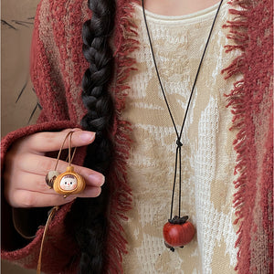 Wood Garlic Face Pendant Cord Necklace Carved Smile Charm