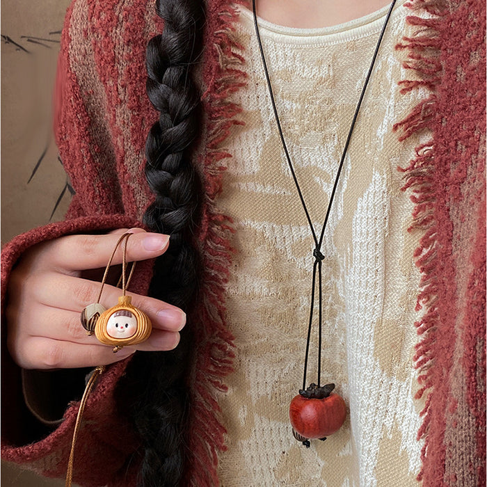 Wood Garlic Face Pendant Cord Necklace Carved Smile Charm