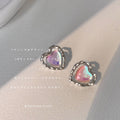 Silver Tone Iridescent Pink Heart Double Frame Stud Earrings view 1