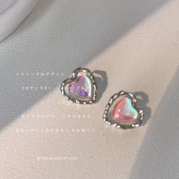 Silver Tone Iridescent Pink Heart Double Frame Stud Earrings