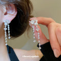 Silver Tone Crystal Chain and Pearl Drop Stud Earrings view 1