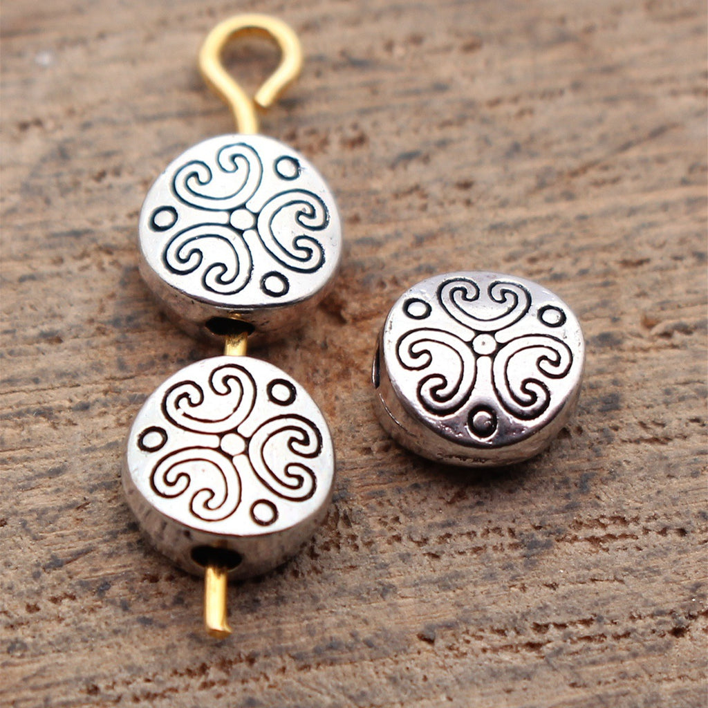 6.7x6.4x3.2mm 0.48g Antique Silver Zinc Alloy Double Sided Engraved Round Loose Metal Beads for Jewelry Making