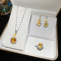 Silver Round Halo Crystal Necklace Earrings Ring Sets Two view 2