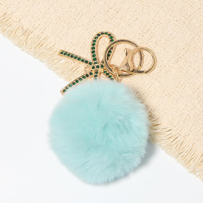 Rhinestone Bow Fluffy Pom Keychain Metal Ring Three Colors