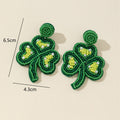 Green Seed Bead Three-Leaf Clover Drop Earrings With Pearl Beads view 2