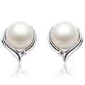 Faux Pearl Silver Tone Stud Earrings Curved Metal CZ Accent view 1