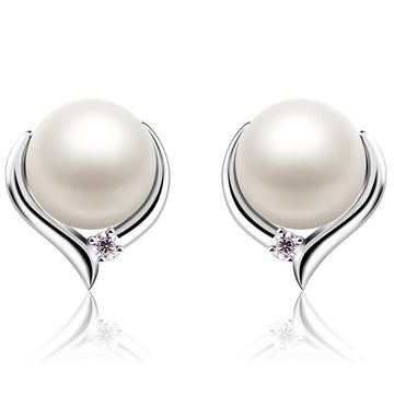 Faux Pearl Silver Tone Stud Earrings Curved Metal CZ Accent