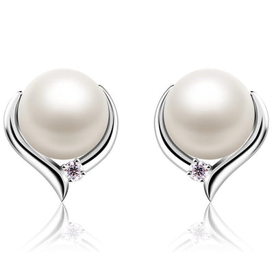 Silver faux pearl curved metal stud earrings pair on white