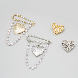 Heart Stud and Safety Pin Chain Brooch Sets in Two Finishes