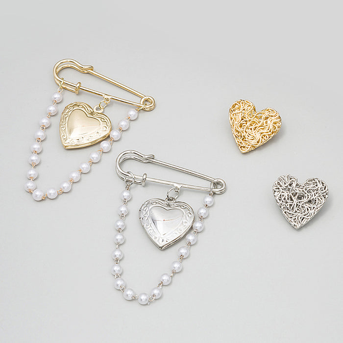 Heart Stud and Safety Pin Chain Brooch Sets in Two Finishes